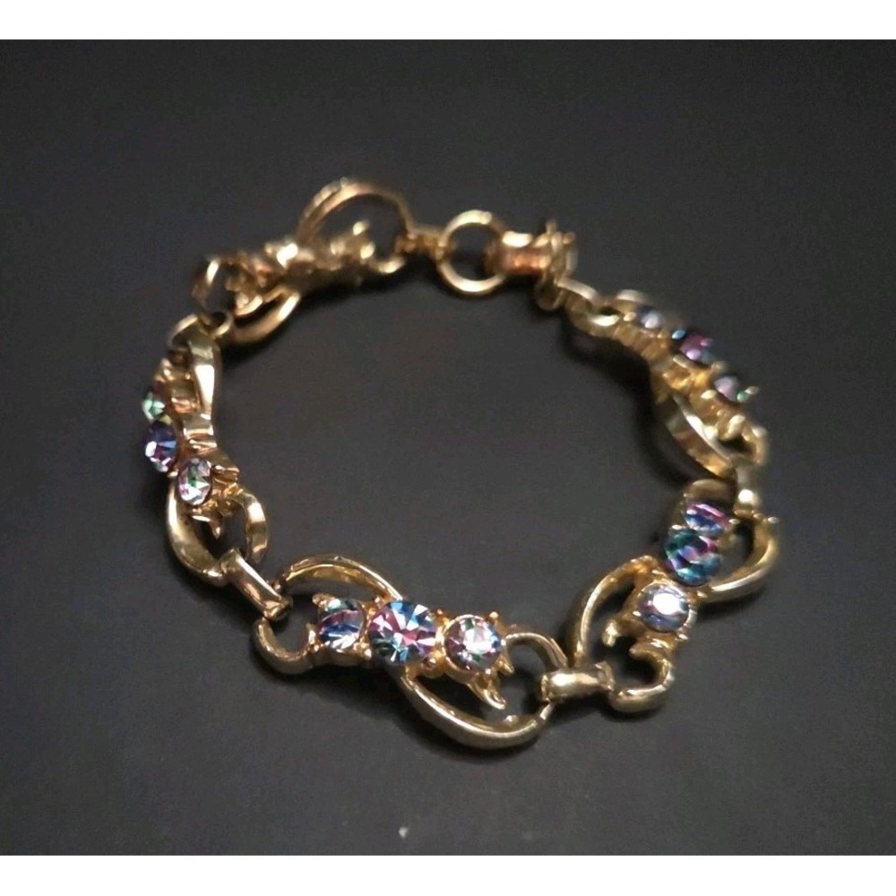 Vintage STAR Gold Tone AB Rhinestone Link Bracelet Mid Century Old Hollywood